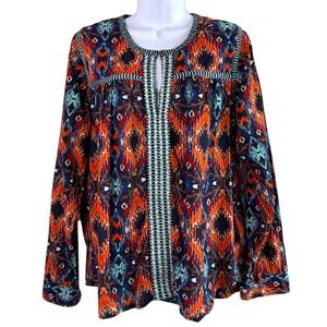 Liza Byrd Womens Boho Print Blouse Size L Multicolor Tribal Peasant Top